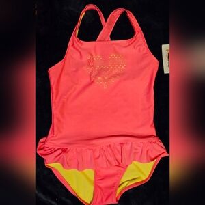 Cat & Jack Pink Heart Swimsuit with Ruffle. Girl's Size XL, NWT